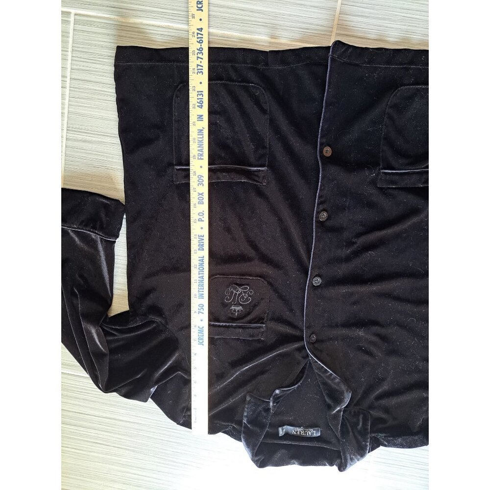 Lauren Ralph Lauren Black Velvet Button-Front Pajama Top XL Embroidered Pockets - Picture 8 of 12
